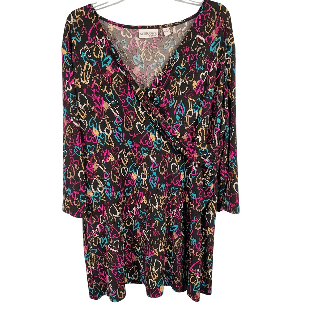 Attitudes by Renee Womens 1X Heart Print Faux Wrap Dress Multicolor Y2K Whimsy